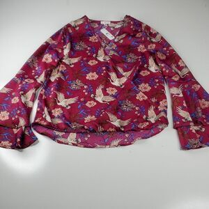 NEW BELL SLEEVE BOHO BIRD FLOWER PURPLE BLUE SILK LIKE TOP S SMALL NWT